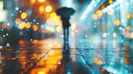 Silhouette of individual with umbrella on wet city street at night colorful bokeh lights