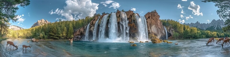 Panoramic view of a pristine waterfall cascading into a crystal-clear pool surrounded by lush greenery and blue skies with scattered clouds
