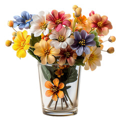 A vibrant bouquet of assorted flowers in a clear glass vase, showcasing a variety of colors and blooming petals. Perfect for decor and floral arrangements.