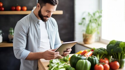 Fototapeta premium A man is using a tablet to find healthy recipes in the kitchen.