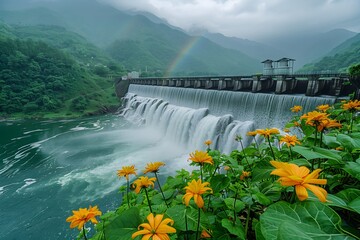 Hydropower plant with a vibrant rainbow over it, showcasing the beauty of nature and renewable energy