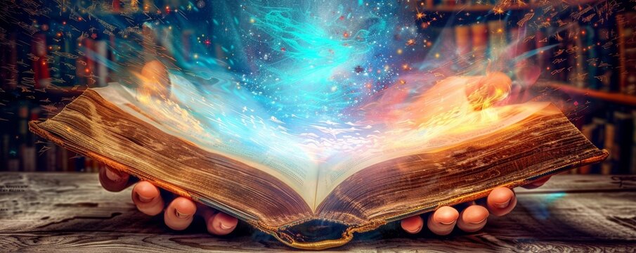 Mystical book emitting magical light held by hands, symbolizing knowledge, power, and enchantment in a library setting