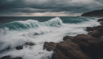 Fototapeta premium Breathtaking Ocean Waves Crashing Against Rocky Shoreline Under Dramatic Sky