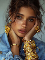 Portrait of a beautiful young woman with her bejeweled hands around her face