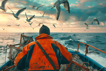 Back view of fisherman in orange jacket sorting through fish traps on boat while seagulls fly in the sky at sunrise, Generative AI