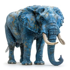 real, trumpeting elephant with the color petrol blue, side view, white background