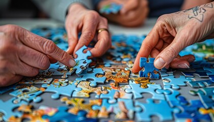 Close-up of multiple hands piecing together a colorful jigsaw puzzle, representing teamwork, collaboration, and entertainment.