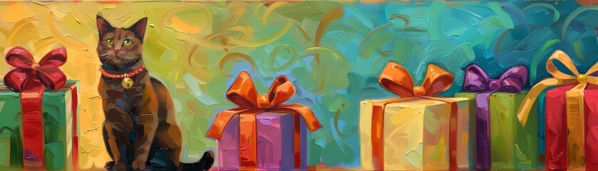 Colorful painting of a cat sitting next to wrapped presents with vibrant bows and abstract background. Perfect for festive or holiday themes.