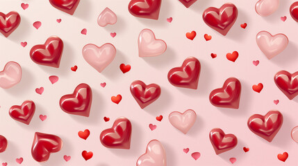  various sized red and pink hearts on a white background.