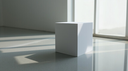 A white cube sits on a reflective surface with a grey background.

