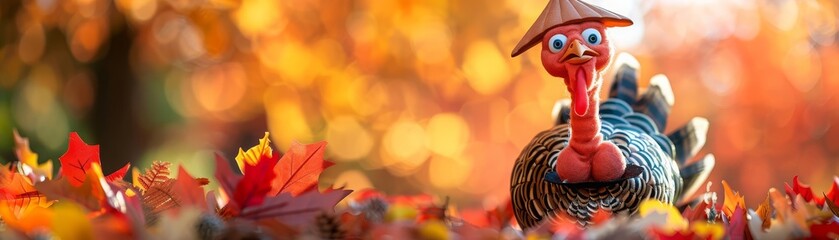 Obraz na płótnie Canvas Cartoon drawing of a cheerful turkey wearing a pilgrim hat amidst colorful fall foliage