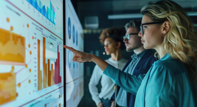 Three business people are discussing and presenting data on an interactive screen, representing digital marketing or growth analytics for the corporate market.
