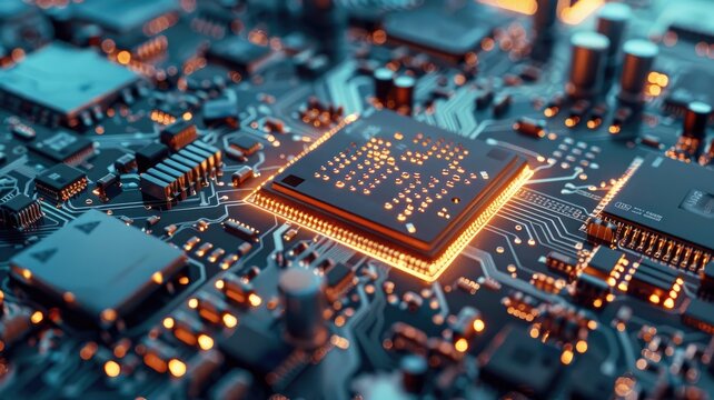 Close-up of glowing, lit-up circuit board with various components