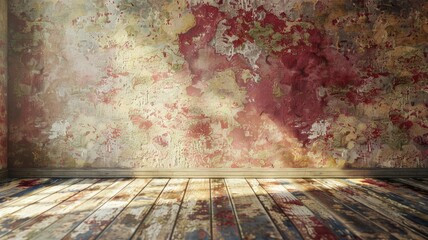 Weathered room with peeling paint walls and distressed wooden floor