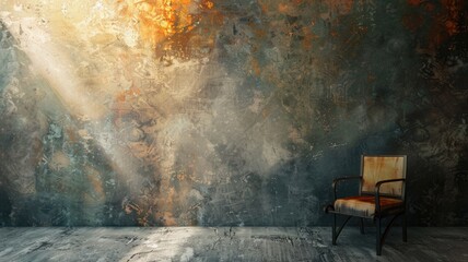 Rustic chair against textured, aged wall with sunlight
