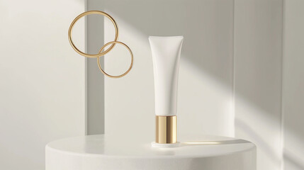 A white tube of face cream with a gold cap is sitting on a podium against a white background. 