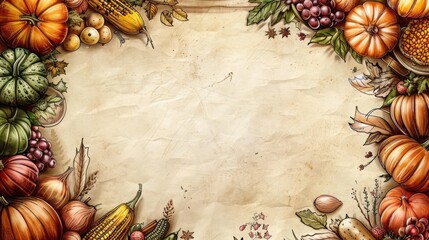 Vintage style Thanksgiving background with a parchment paper look and sketched harvest foods