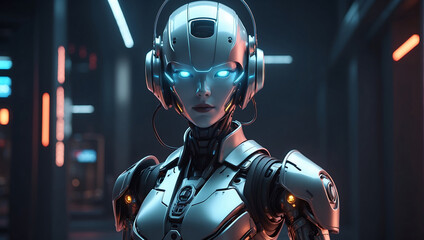 A futuristic robot figure in sleek dark metallic armor with glowing orange accents stands in a dimly lit environment and a helmet with a glowing visor