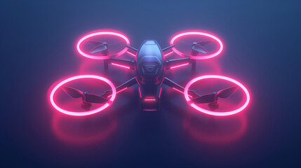 Futuristic quadcopter drone with neon lights flying in dark studio at night. 3D illustration