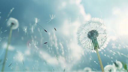 Dandelion seeds blowing in the wind across a summer field background, conceptual image meaning change, growth, movement and direction