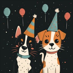 Fototapeta premium Cute illustration of two dogs wearing party hats with balloons in the background, perfect for festive occasions.