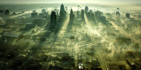 Aerial View of a City Enveloped in Golden Fog at Sunrise, Highlighting Skyscrapers