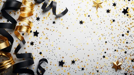 Stylish New Year s border with black and gold streamers and stars, ideal for sophisticated event menus