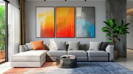 stylish living room interior with colorful abstract paintings and modern sectional couch 3d rendering