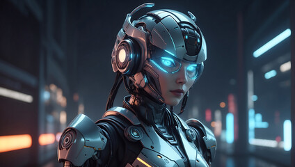 A futuristic robot figure in sleek dark metallic armor with glowing orange accents stands in a dimly lit environment and a helmet with a glowing visor