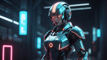 A futuristic robot figure in sleek dark metallic armor with glowing orange accents stands in a dimly lit environment and a helmet with a glowing visor
