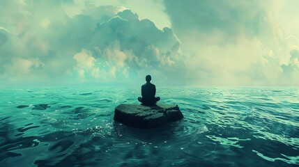 surreal businessman sitting on stone amidst vast ocean contemplating lifes challenges digital concept illustration