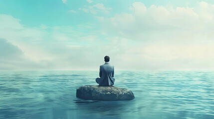 surreal businessman sitting on stone amidst vast ocean contemplating lifes challenges digital concept illustration