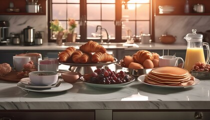 gourmet breakfast on top of the kitchen counter with pancakes, eggs, sausages, ham, croissants and...