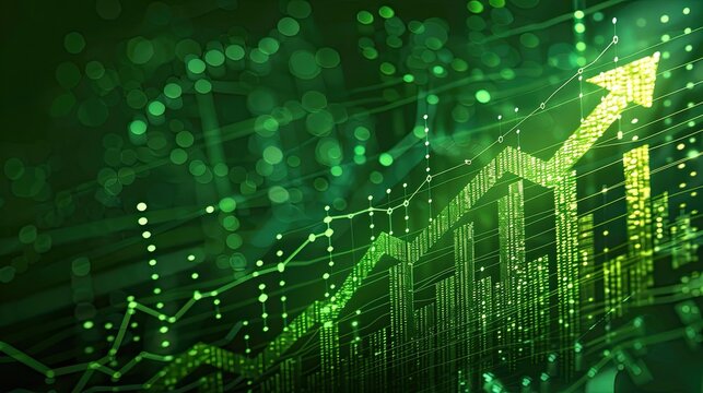 business finance chart . green arrow pointing up on digital green background, financial growth and success for business