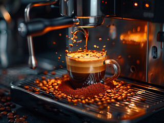 Hot coffee flow to cup on dark background. Coffee machine backdrop, espresso machine preparing hot coffee background illustration. Flavored espresso extraction wallpaper