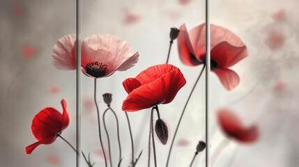 Triptych of abstract white poppies acrylic painting floral wallpaper digital illustration
