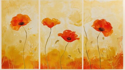 Triptych of abstract white poppies acrylic painting floral wallpaper digital illustration
