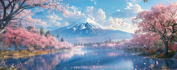 Tranquil and idyllic illustration of Mount Fuji surrounded by cherry blossom trees in full bloom during spring
