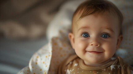 Baby - A baby with striking blue eyes and a sweet smile, wearing a polka-dot outfit, exuding warmth and innocence