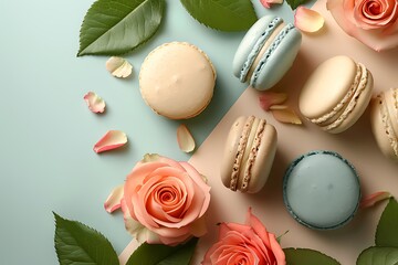 Fototapeta na wymiar Pastel Grey and Beige Background with Roses Surrounding Macarons 
