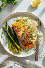 Top view of plate with oven roasted salmon and asparagus with white rice and topped with green onions on white background in sunlight, Generative AI