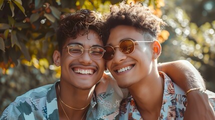 Fototapeta premium LGBTQ - Two young men with curly hair, one wearing round sunglasses, are smiling brightly while embracing each other in a sunny outdoor setting with vibrant yellow foliage behind them