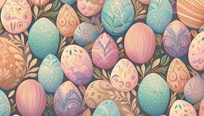Easter eggs of retro elegance converge in an abstract illustration, crafting a seamless pattern with vibrant pastel colors in a captivating arrangement