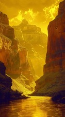 Golden hued canyon landscape with towering cliffs and a serene river, capturing the beauty of natural rock formations in sunset light.