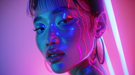 vibrant holographic fashion futuristic asian female model in neon top hyperrealistic 3d rendering