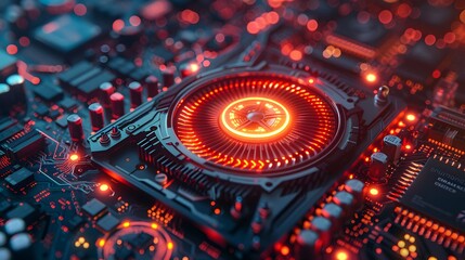 A closeup of the cooling fan on a graphics card, with glowing red light and intricate details, surrounded by circuit boards and other tech equipment.
