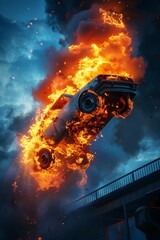 Engulfed Car Floating in Air with Dramatic Fiery Wreckage and Serene Skyscape