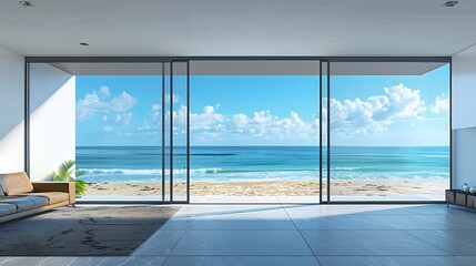 A large, sliding glass door with black frames on the left side of an open living room leading to beach in front of ocean, with blue sky and sand.
