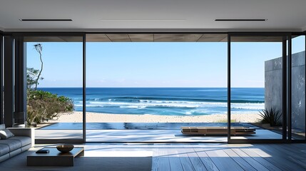 A large, sliding glass door with black frames on the left side of an open living room leading to beach in front of ocean, with blue sky and sand.

