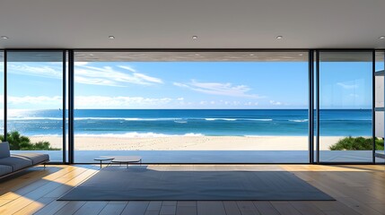 A large, sliding glass door with black frames on the left side of an open living room leading to beach in front of ocean, with blue sky and sand.
